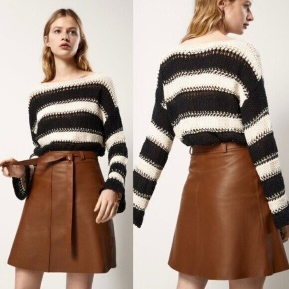 Massimo Dutti Striped Chunky Woven Knit Black White Long Sleeve Sweater Size L